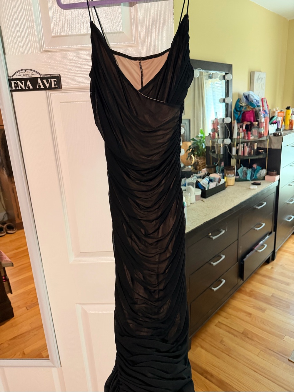 SHEIN Black Ruched Midi Slip Dress with Spaghetti Straps